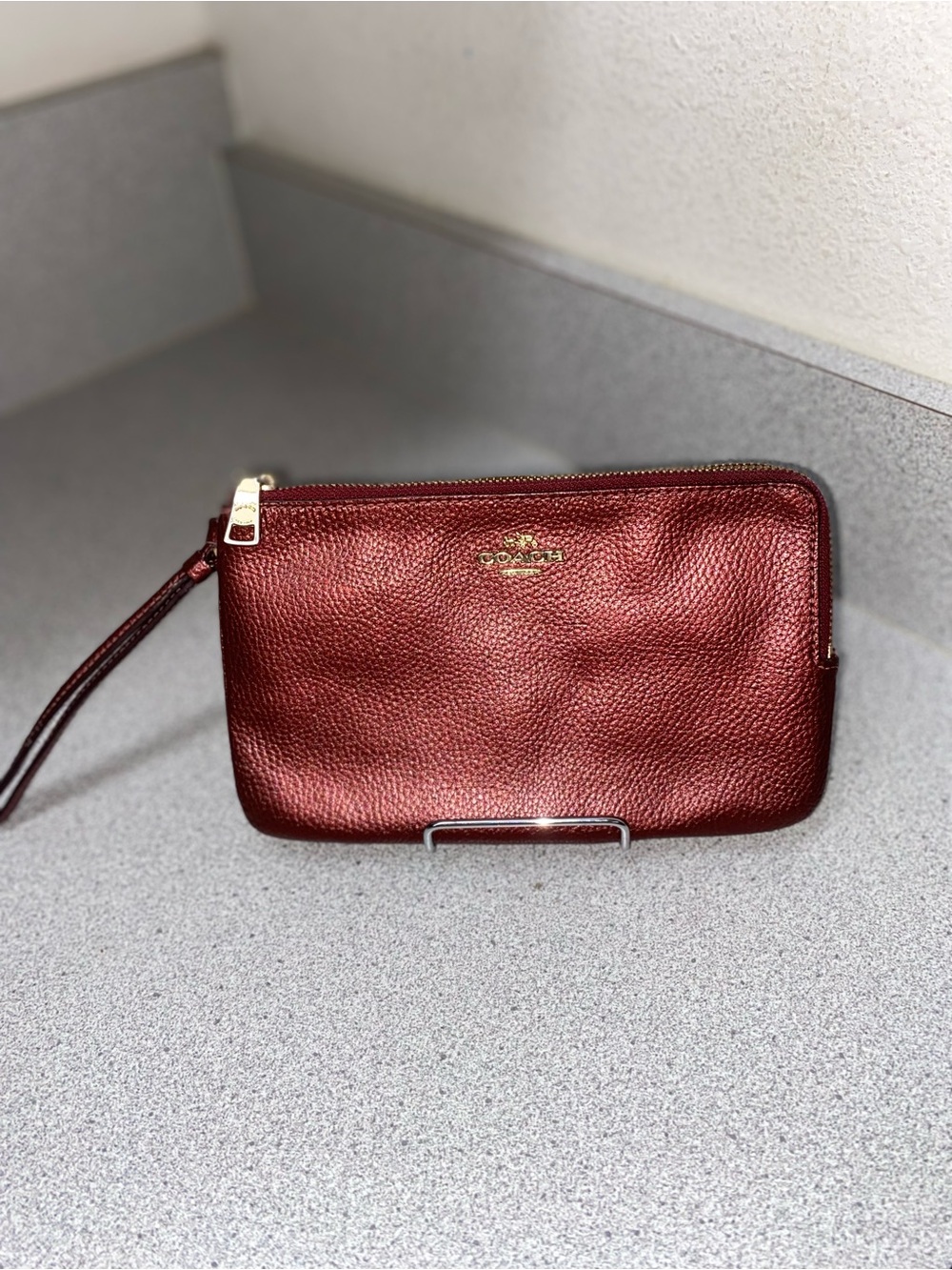 Coach F20146 Metallic Burgundy Red Pebbled Leather Double Zip Wristlet NWOT